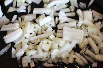 Chopped onions on the black frying pan