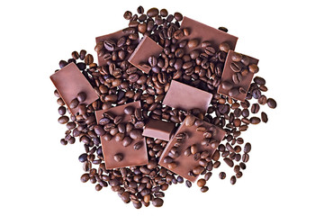Scattered parts of broken bar dark bitter or milky chocolate and many fried coffee beans isolated on white background without shadows. Top view