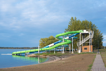 Big colorful water slide on the beach