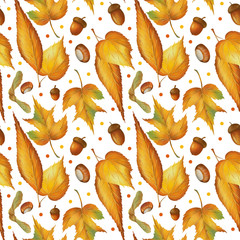 Graphic seamless pattern in retro style with autumn leaves and acorns. Warm pencil textured botanical background for a thanksgiving, wedding or branding design in gold, red and orange colors