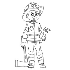 Fototapeta premium Cute boy in firefighter suit in helmet with an ax and a fire extinguisher outlined for coloring page