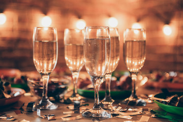 Close-up view of five several glasses served table lovely good bright cozy atmosphere to have fun meeting gathering company weekend club clubbing domestic