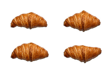 Fresh baked croissant set isolated on white background, top view. Sweet pastry dessert croissants, flat lay concept, brown bakery snack.