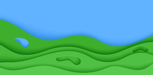 Abstract green flyer in cut paper style. Cutout grass wave and blue sky template for save the Earth posters, ecology brochures, presentations, invitations with place for text .Vector illustration