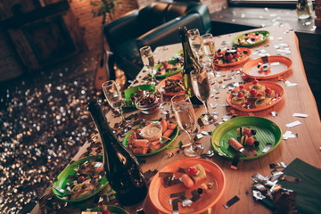 Above high angle view of empty living dining room with cozy comfortable furniture lovely atmosphere to have fun meeting gathering company