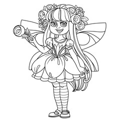 Cute girl in fairy with pink flowers costume outlined for coloring page