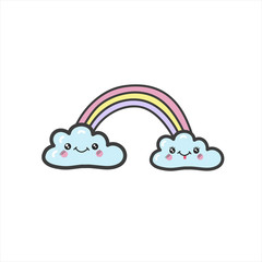 Cute kawaii rainbow with two clouds. Vector color illustration in doodle style.