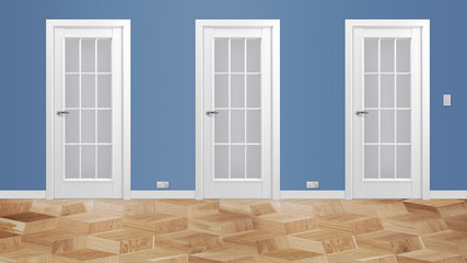 Modern interior hallway with three closed doors and hardwood floors 3d illustration