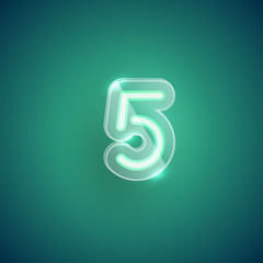 Realistic neon '5' character with plastic case around, vector illustration