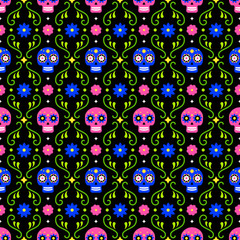 Day of the dead seamless pattern with colorful skulls and flowers on dark background. Traditional mexican Halloween design for Dia De Los Muertos holiday party. Ornament from Mexico.