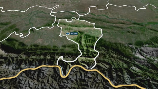 Ingush - republic of Russia (territory after annexation of Crimea in 2014) with its capital zoomed on the satellite map of the globe. Animation 3D