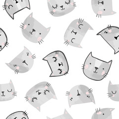 Cat vector pattern with hand drawn painted cat faces. Seamless print illustration for children.