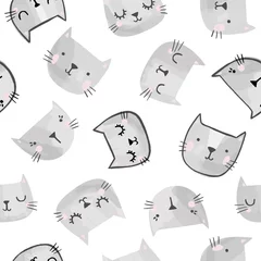 Fotobehang Katten vectorpatroon met hand getrokken geschilderde kattengezichten. Naadloze print illustratie voor kinderen. © mgdrachal
