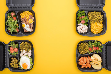 top view of eco packages with apples, vegetables, meat, fried eggs and salads isolated on yellow