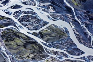 Iceland. Aerial view on the rivers. Landscape in the Iceland at the day time. Landscape from drone. Travel - image