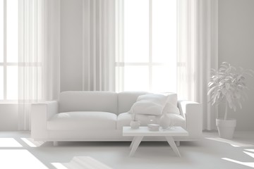 Mock up of stylish room in white color with sofa. Scandinavian interior design. 3D illustration