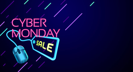 Cyber Monday colorful neon style conceptual sign sales background, banner, poster, flyer template