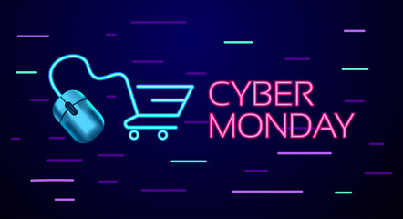 Cyber Monday colorful neon style conceptual sign sales background, banner, poster, flyer template