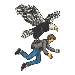 Eagle bird of prey kidnaps human person sketch engraving vector illustration. T-shirt apparel print design. Scratch board style imitation. Black and white hand drawn image. © Oleksandr Pokusai