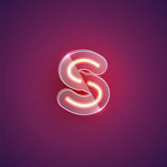 Realistic neon S character with plastic case around, vector illustration