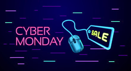 Cyber Monday colorful neon style conceptual sign sales background, banner, poster, flyer template