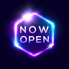 Now Open neon text. Light sign on dark blue background. Color hexagon glowing electric frame with shining star. Retro bright nightlife advertising bar or cinema signboard. Business vector illustration