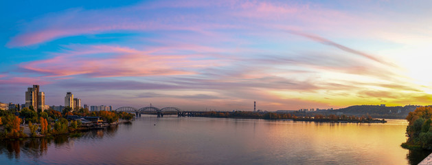 Evening Kiev panorama Dnipro Ukraine river sunset coast reflection water travel vacation autumn time