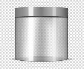 Empty clear cosmetic jar with lid on transparent background, realistic mockup. Round container with screw cap, template. Beauty product packaging, vector mock-up