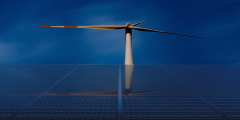 clean energy concept, photovoltaic panels and wind turbines in the night