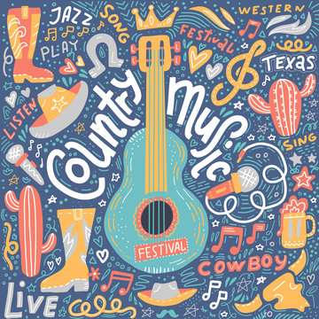 Country music illustration set for postcards or festival banners. Guitar with hand written lettering. Vector hand drawn simple dark concept.