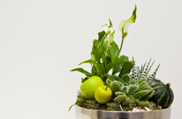 Florist made bowl of flowers in metal bowl