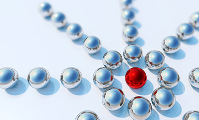 Concept or conceptual collection of balls in form of a circle with a red one standing out on blue background as a metaphor for creativity and leadership. A courage or success 3d illustration