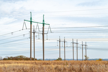 High voltage power line. High voltage line pylons in cloudy weather.
