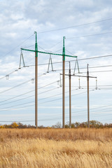 High voltage power line. Direct high-voltage line support in cloudy weather.