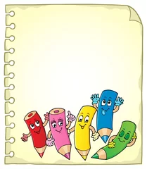 Photo sur Plexiglas Anti-reflet Pour enfants Page de bloc-notes avec des crayons en bois heureux