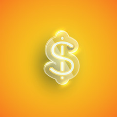 Realistic neon 'dollar sign' character with plastic case around, vector illustration