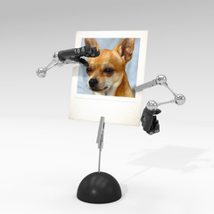 photo of a dog on picture clip holder with toy arms looking from afar