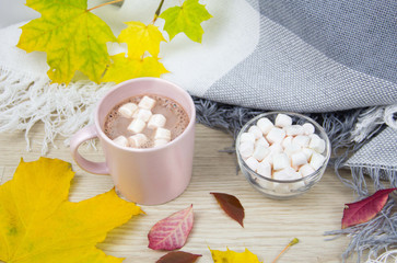 Mug of hot chocolate with marshmallows against a background of autumn leaves