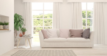 Stylish room in white color with sofa and summer landscape in window. Scandinavian interior design. 3D illustration