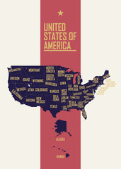 Color poster with detailed map of the United States of America, with state names, travel to USA concept vector illustration