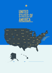 Color poster with detailed map of the United States of America, with state names, vector illustration