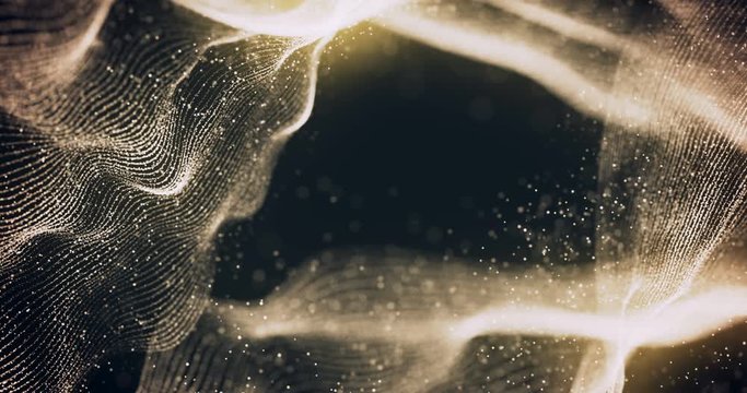 abstract 3d rendering technology plexus gold dynamic digital surface on black background,  geometrical shape with white lines particles futuristic movement background