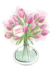 Beautiful tulips bouquet in vase. Hand drawn watercolor illustration
