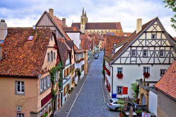 Colorful cobbled street of historic town of Rothenburg ob der Tauber view