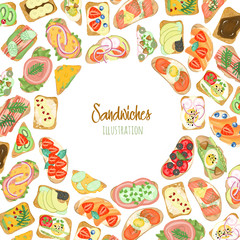 Frame of sandwiches with different ingredients, hand drawn on a white background