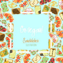 Frame of vegetarian sandwiches with fruits and vegetables, hand drawn on a turquoise background, Go vegan! slogan