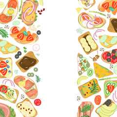 Borders of sandwiches with different ingredients, hand drawn on a white background