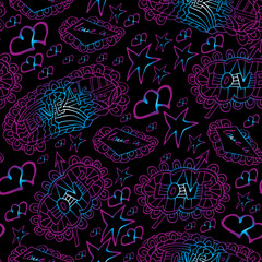 Fototapeta premium Greeting card for Valentine's Day. Hand drawn sketch. Seamless pattern, bright ornament, contour.