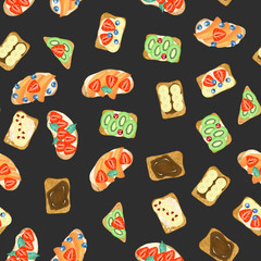 Seamless pattern of sweet sandwiches, hand drawn isolated on a dark background