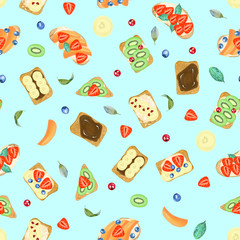 Seamless pattern of sweet toasts with different ingredients, hand drawn isolated on a turquoise background